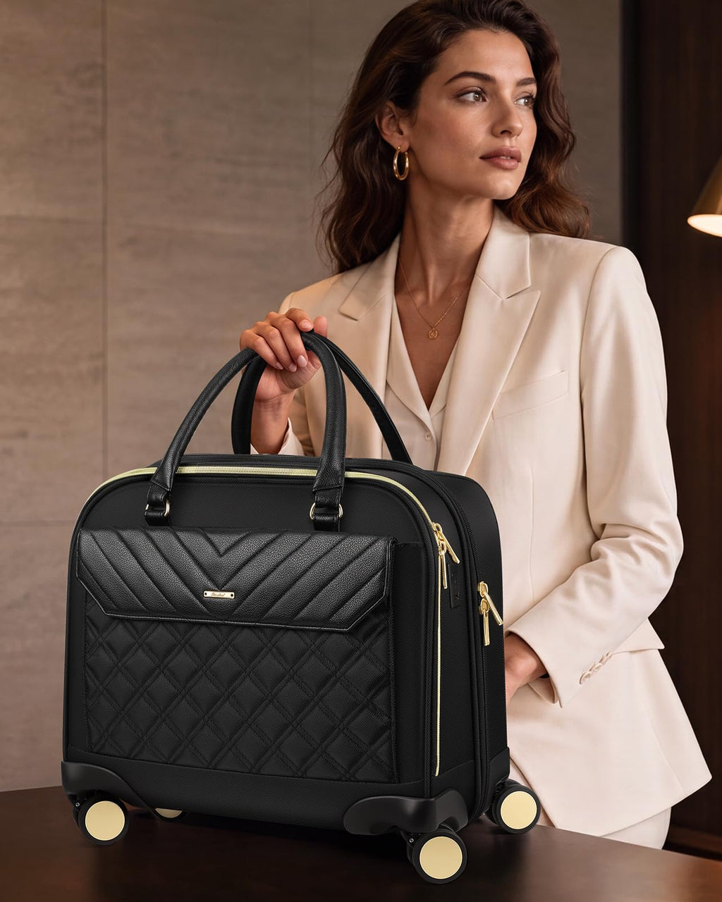 Rolling Laptop Bag for Women, 45L Wheeled Briefcase with USB Type-C Ports, Black Gold N294165