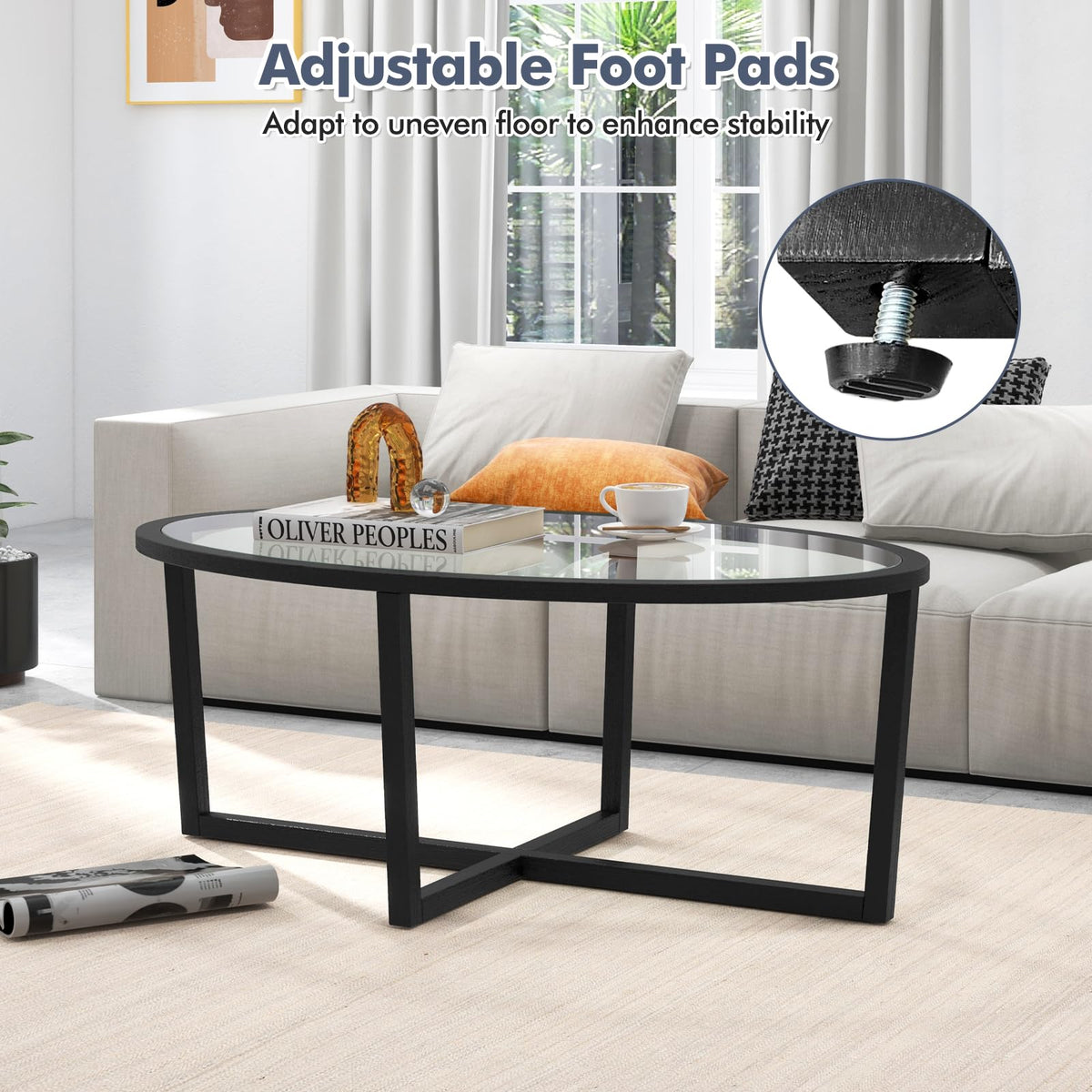 Black Oval Glass Coffee Table with Acacia Wood Legs B59544