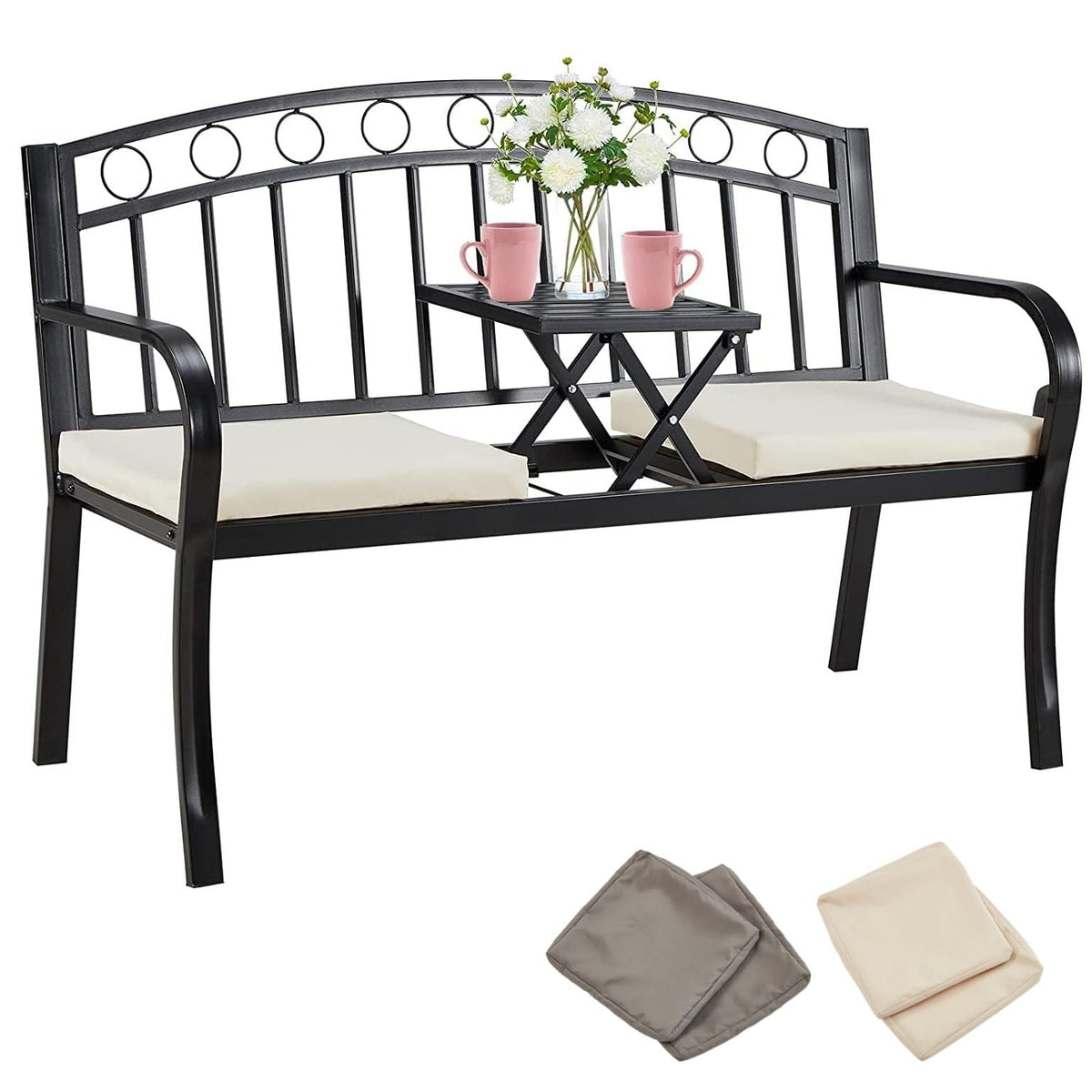 Black 2-Seat Metal Garden Bench with Cushion F82919