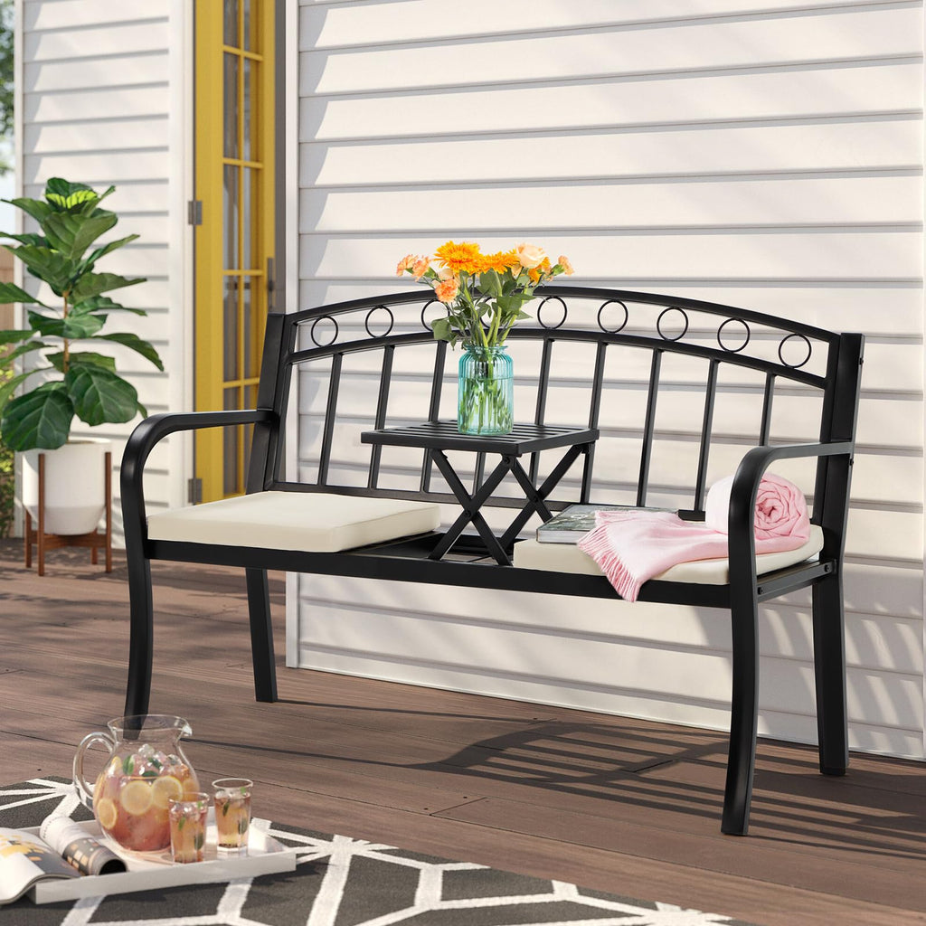 Black 2-Seat Metal Garden Bench with Cushion F82919