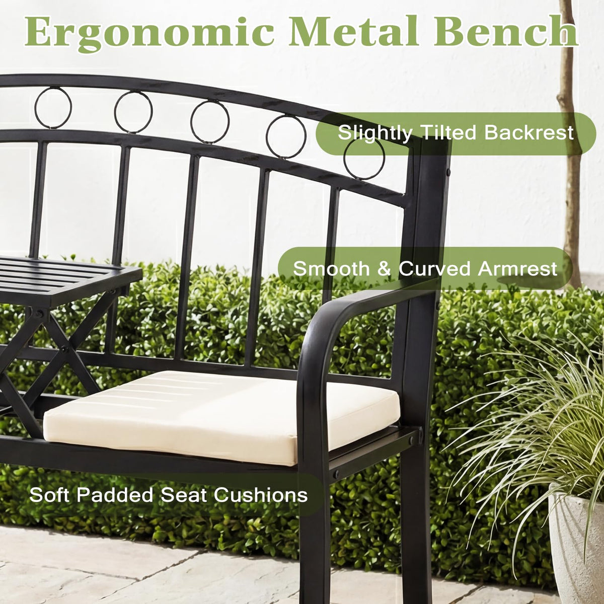 Black 2-Seat Metal Garden Bench with Cushion F82919