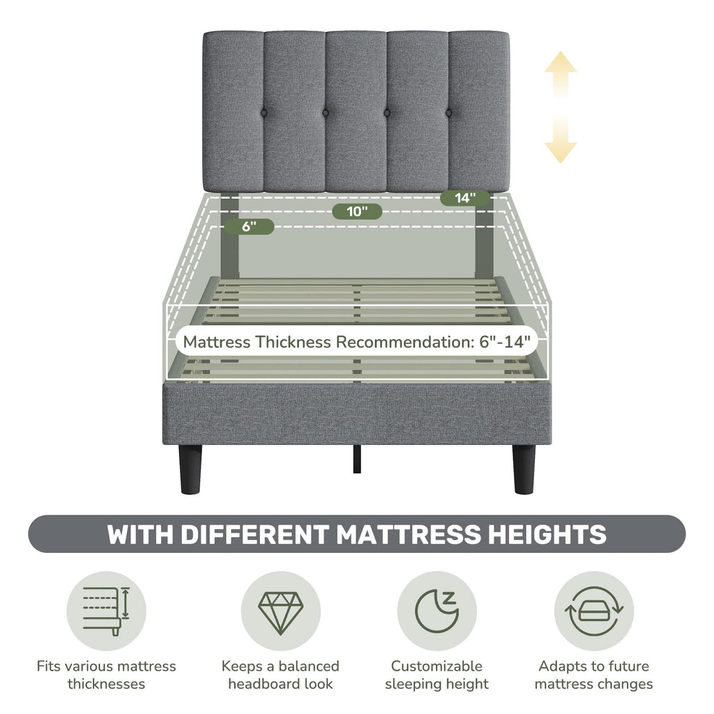 Twin Upholstered Platform Bed Frame with Headboard, Grey Z4587