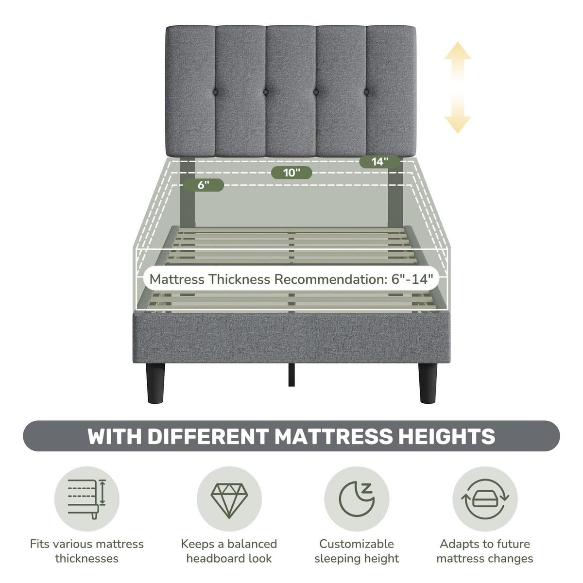 Twin Upholstered Platform Bed Frame with Headboard, Grey Z4587