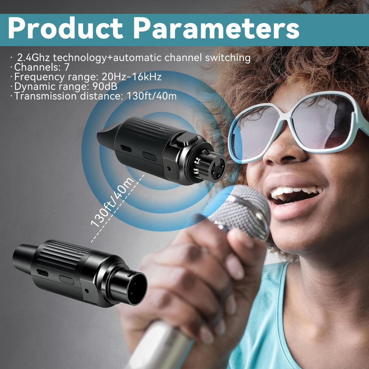 Wireless XLR Transmitter and Receiver for Microphones, 7-Channels 130ft Range, 2.4GHz Auto-Sync, Black Q180