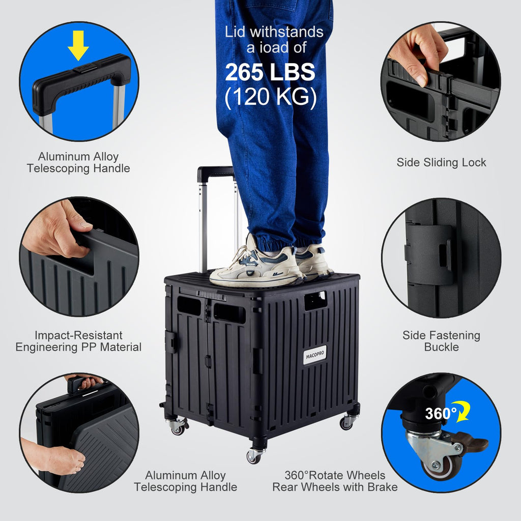 Folding Utility Cart Rolling Crate Handcart with Lid Black D5416