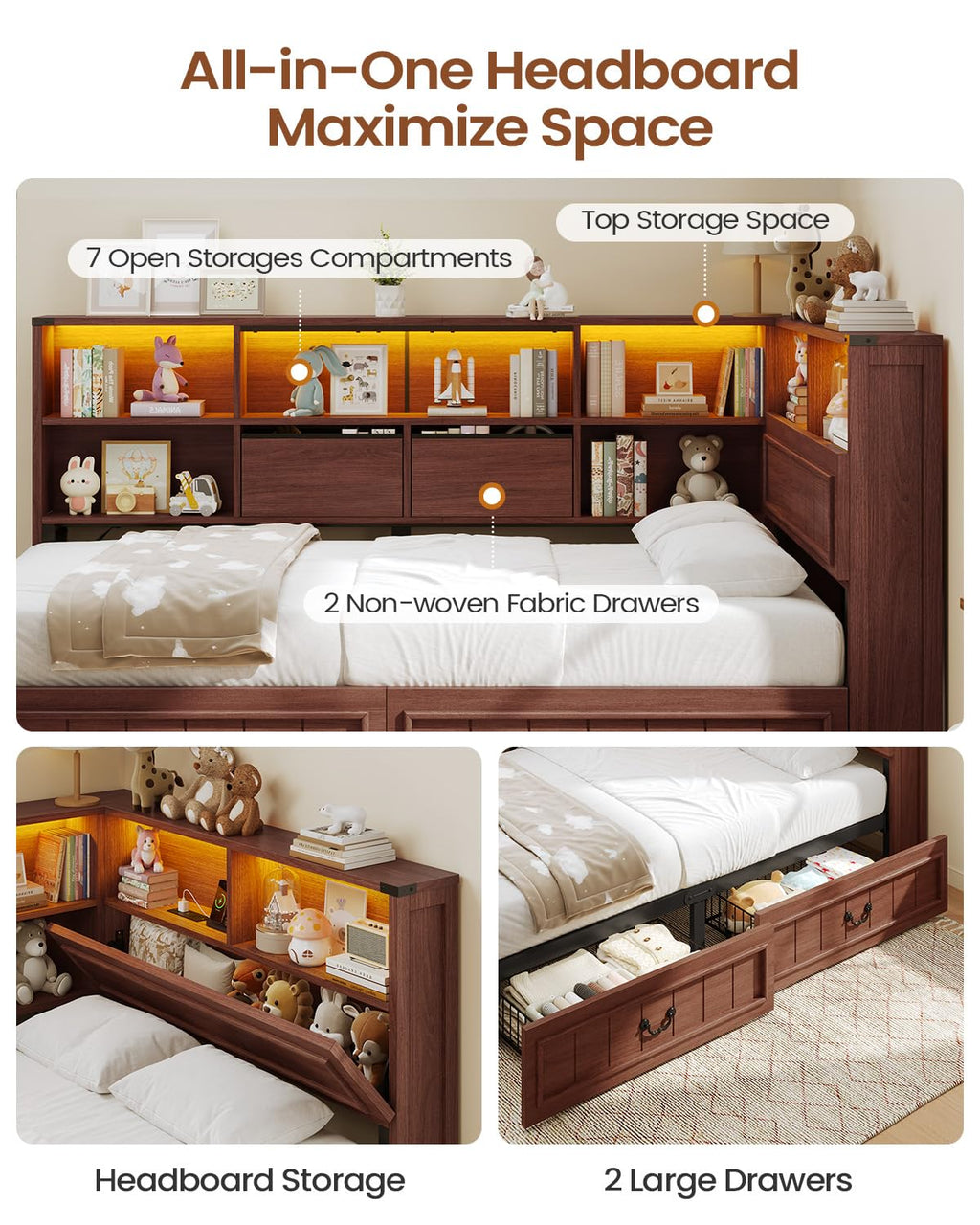 Twin Corner Bed Frame with Storage Drawers and Bookcase H122620