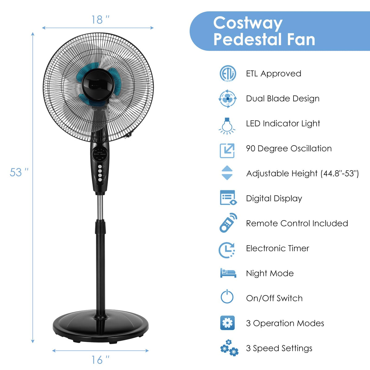 16” Pedestal Fan with 3-Speed Digital Control U90799