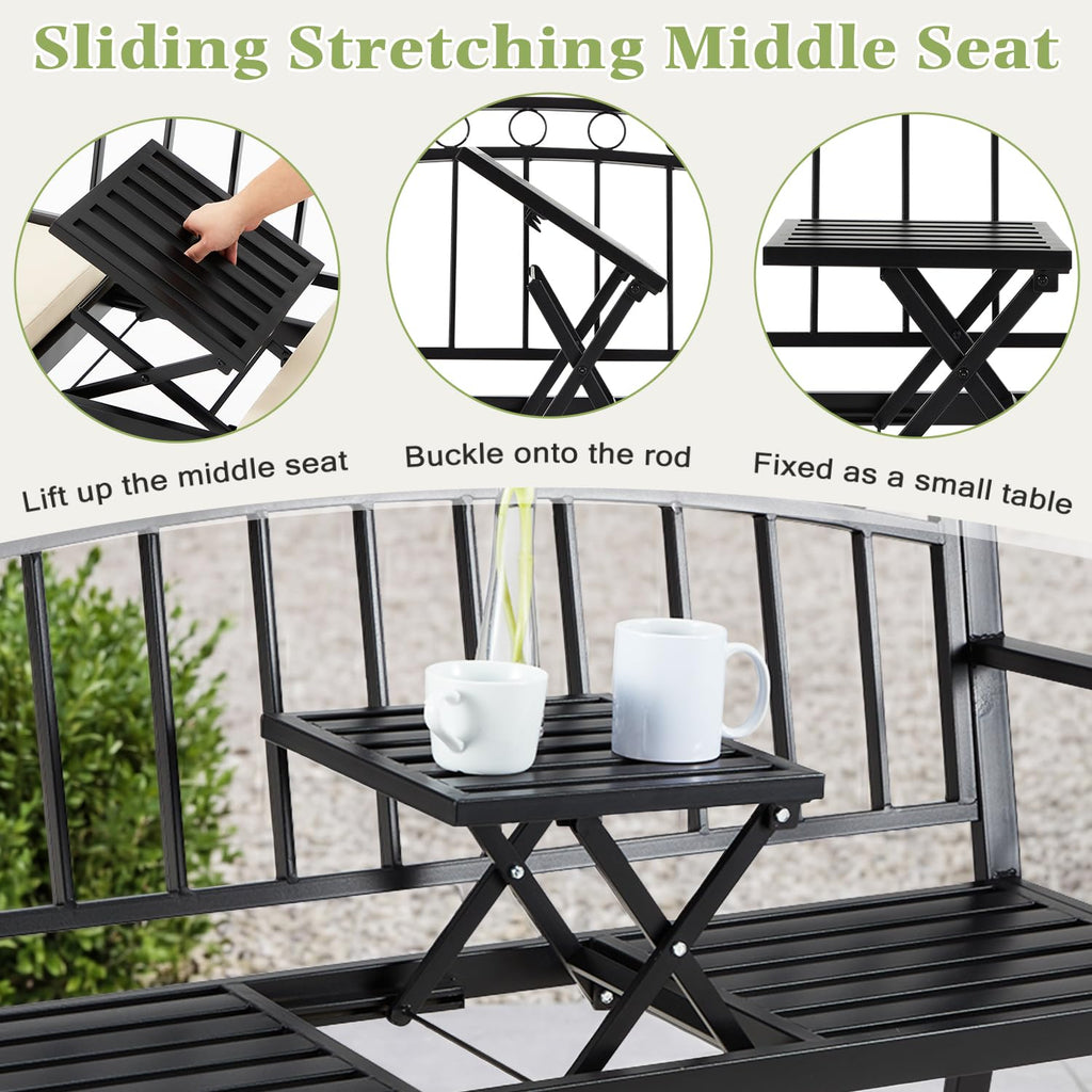 Black 2-Seat Metal Garden Bench with Cushion F82919
