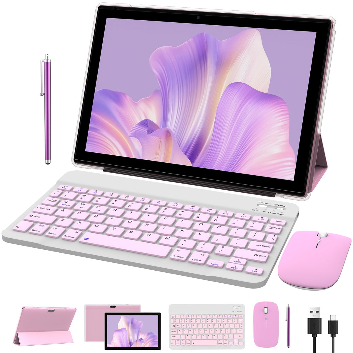 10 Inch Android Tablet with Keyboard Mouse Case Stylus Pink H602