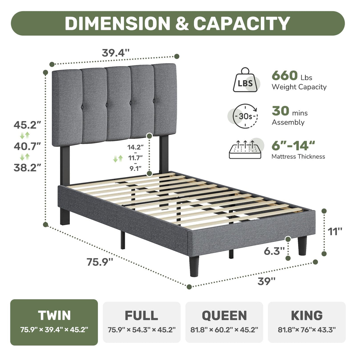 Twin Upholstered Platform Bed Frame with Headboard, Grey Z4587