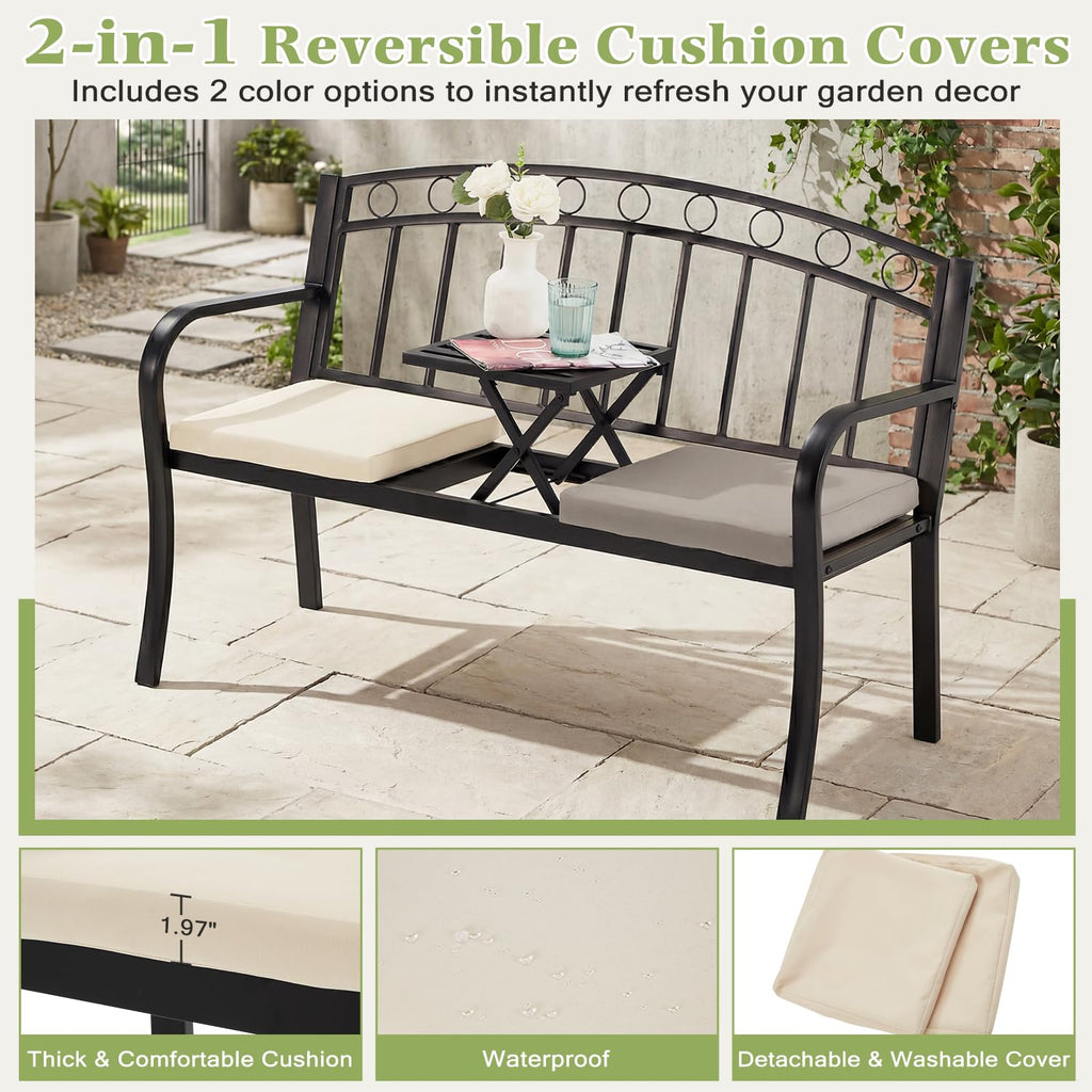 Black 2-Seat Metal Garden Bench with Cushion F82919