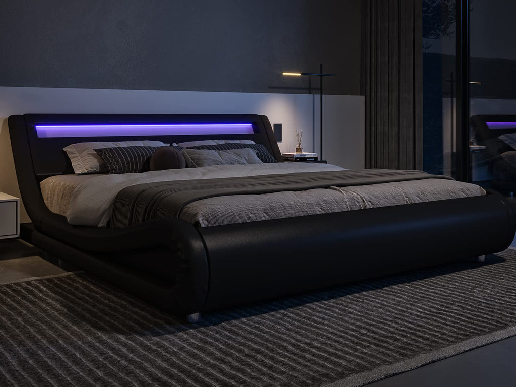 Queen Size LED Platform Bed Frame with Adjustable Headboard, Black D854973