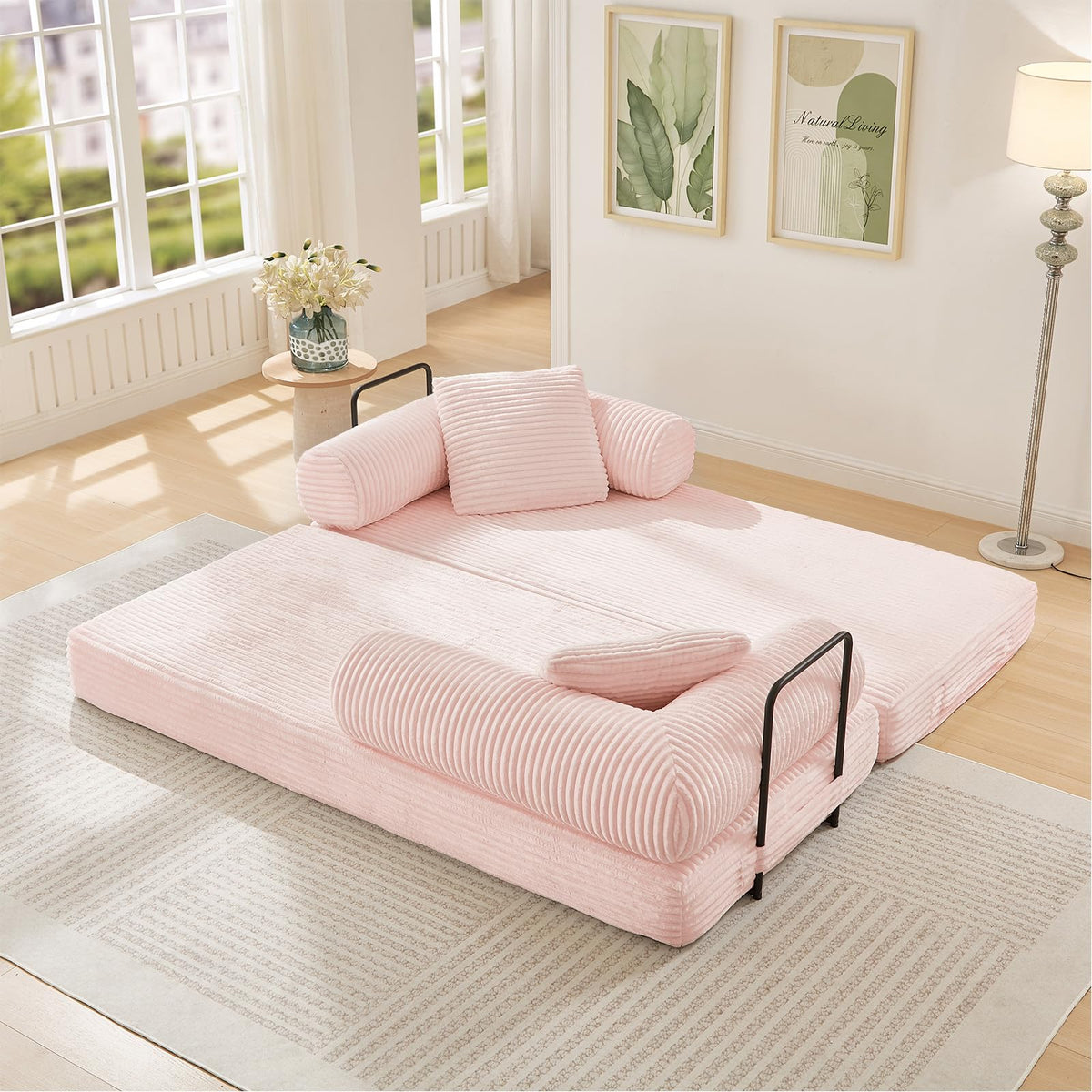 Pink Corduroy Convertible Sleeper Sofa Bed Y32954
