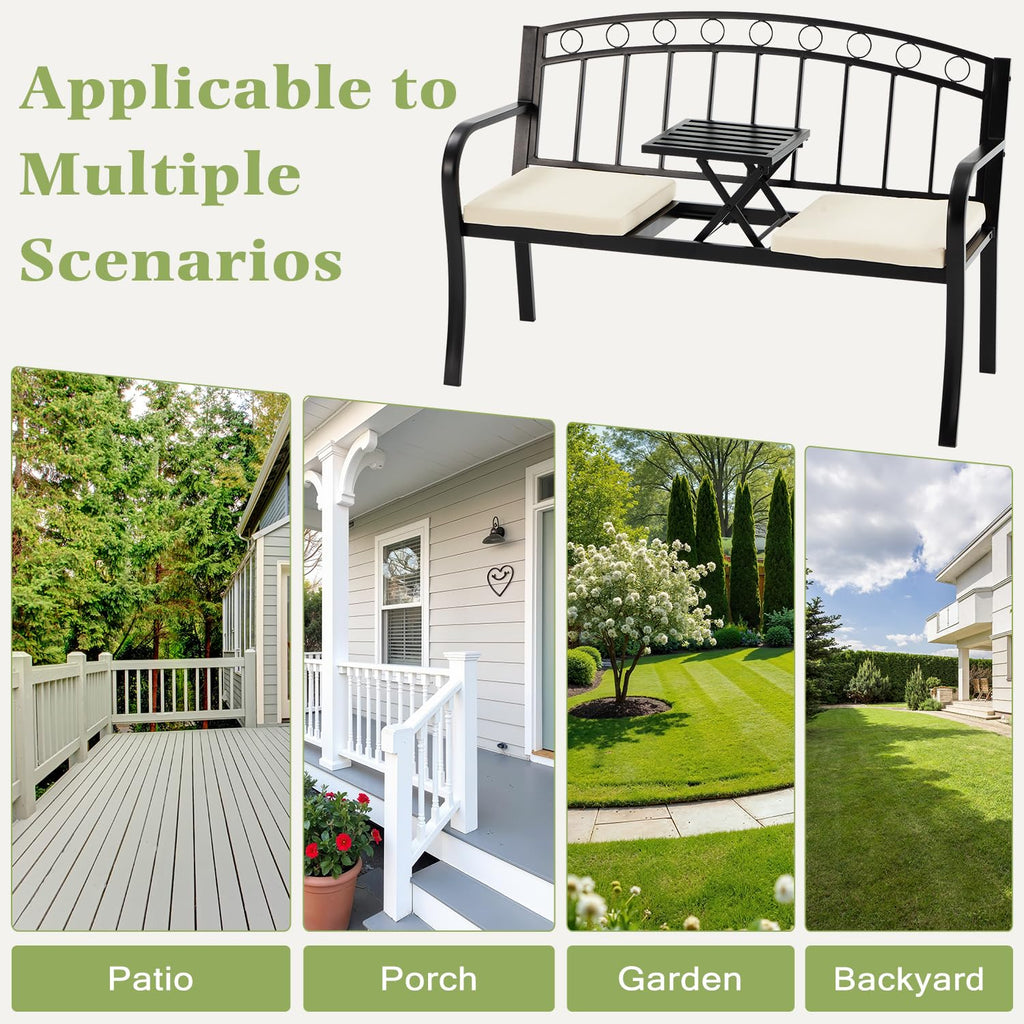 Black 2-Seat Metal Garden Bench with Cushion F82919