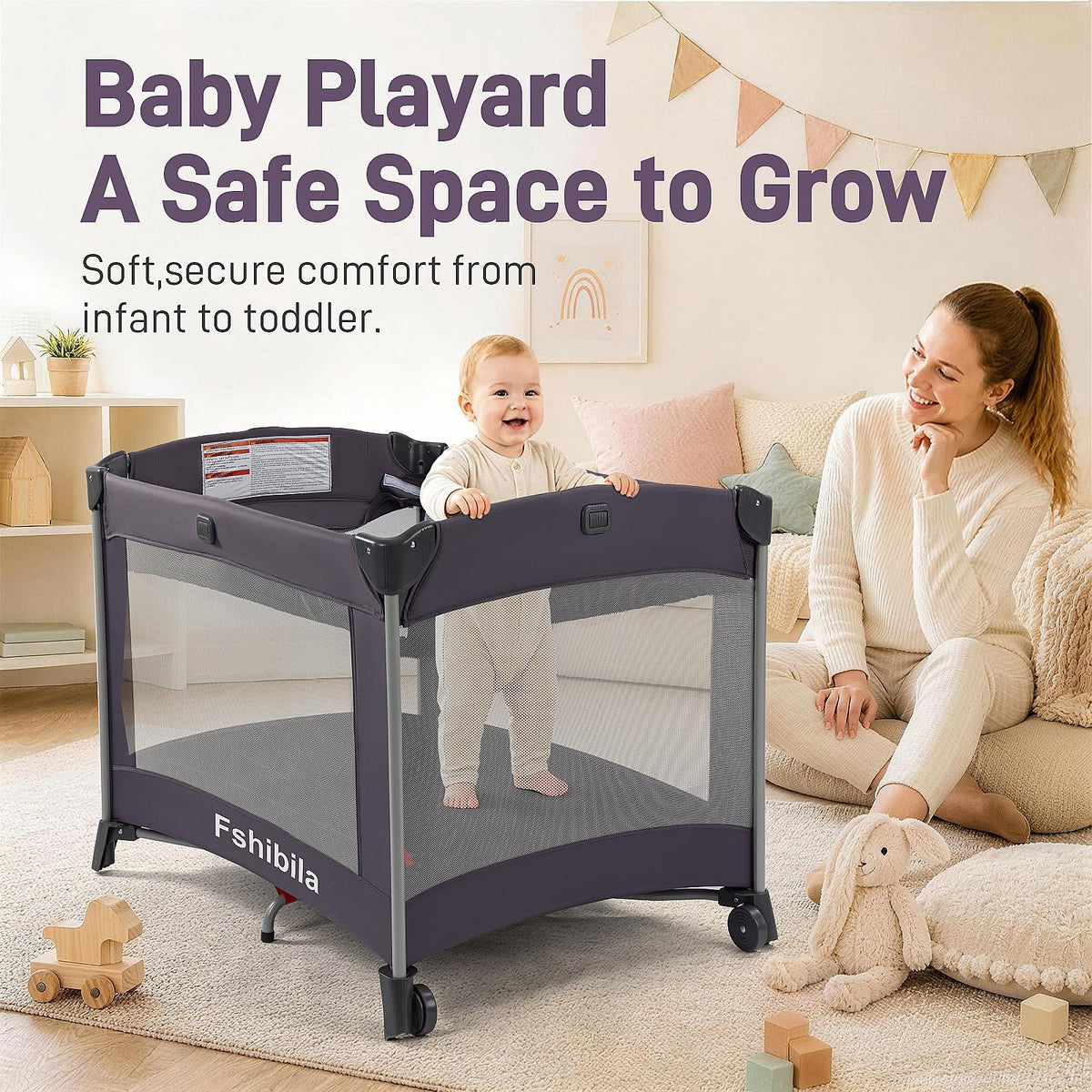 4-in-1 Portable Baby Playard with Bassinet and Changing Table, Black Q49614