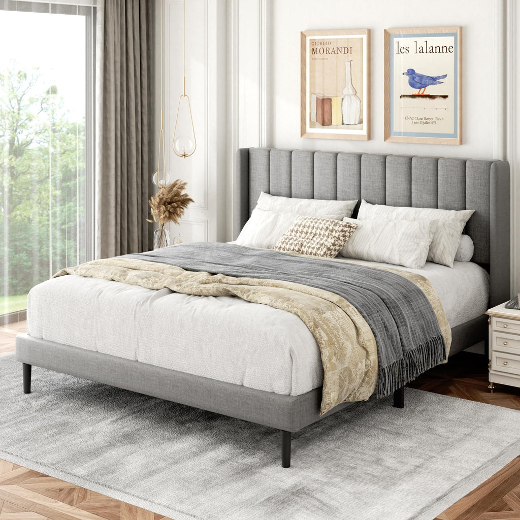 Queen Size Upholstered Platform Bed Frame with Wingback Headboard R39533