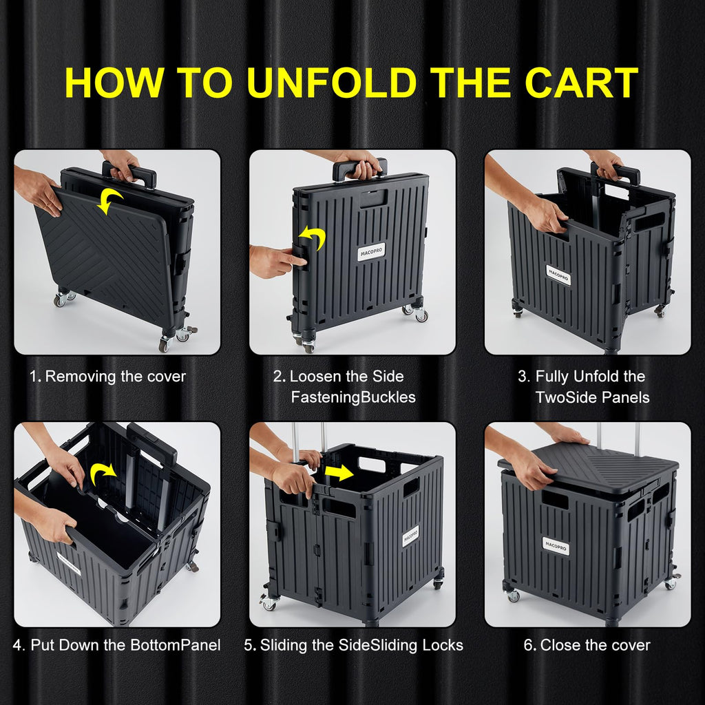 Folding Utility Cart Rolling Crate Handcart with Lid Black D5416