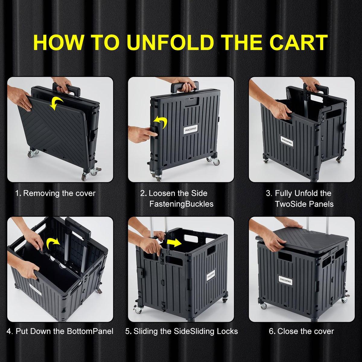 Folding Utility Cart Rolling Crate Handcart with Lid Black D5416