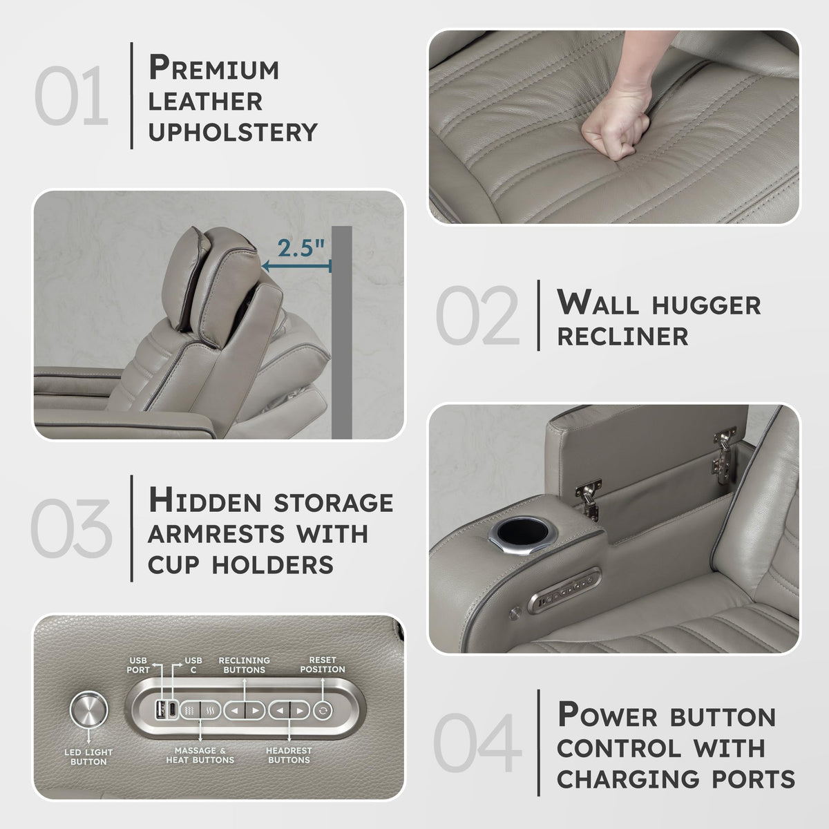 Gray Top Grain Leather Match Double Reclining Loveseat C51806