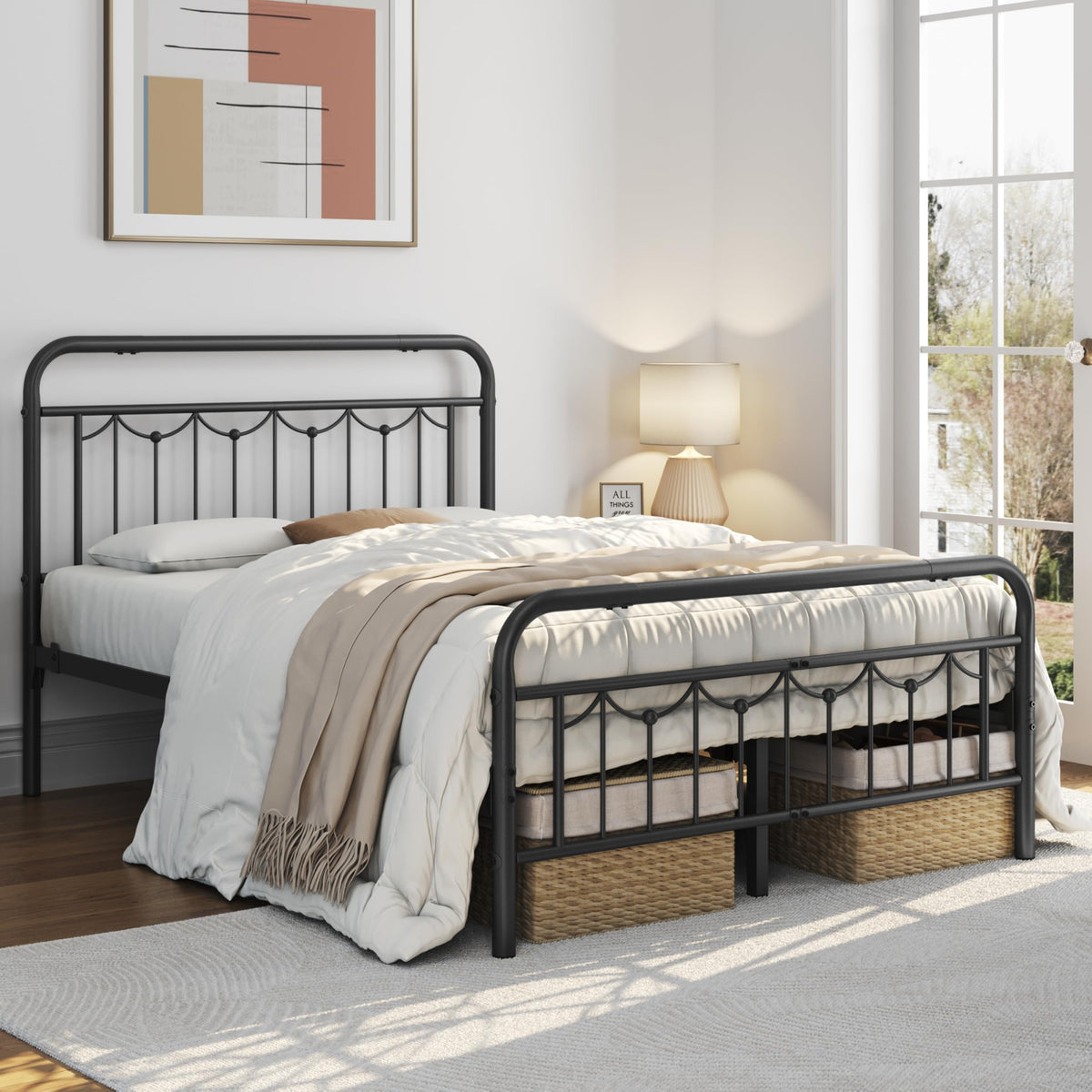 Black Metal Bed Frame with Spindle Headboard D269748