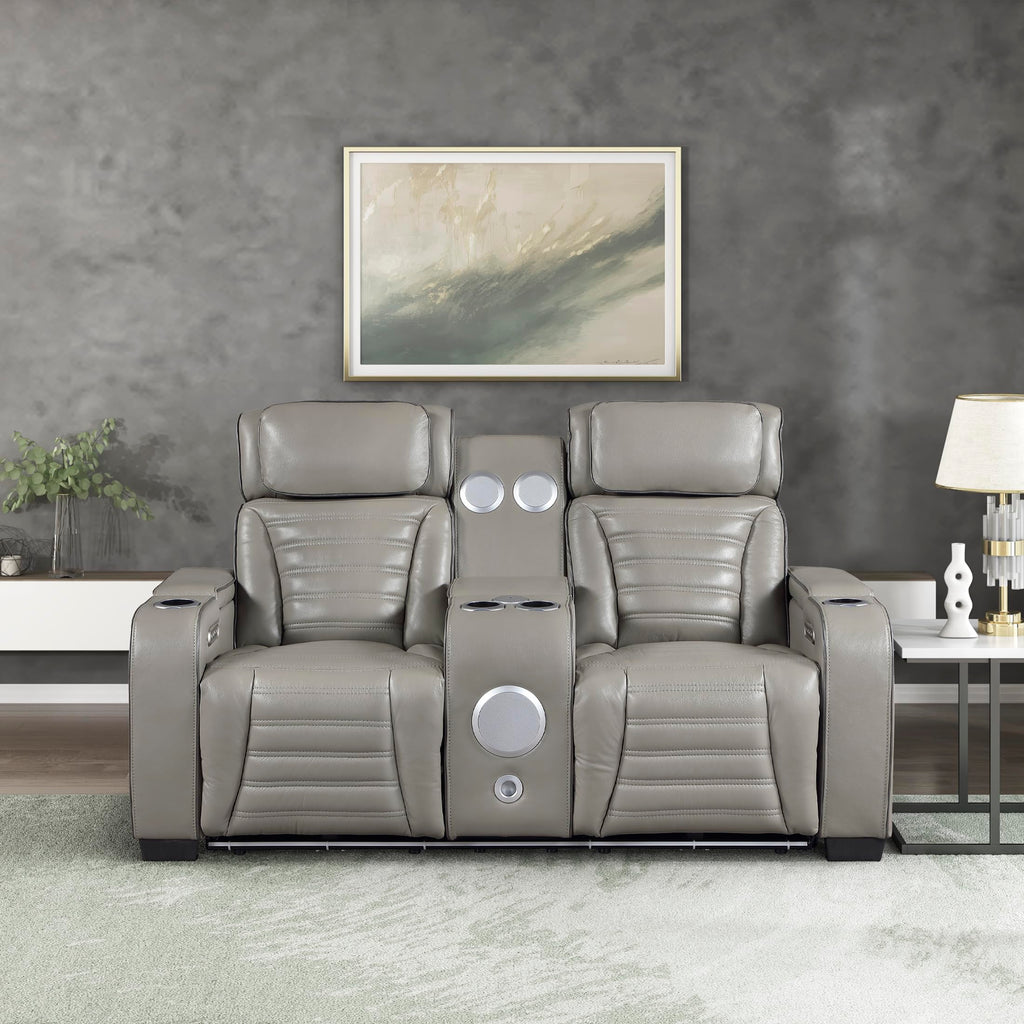 Gray Top Grain Leather Match Double Reclining Loveseat C51806