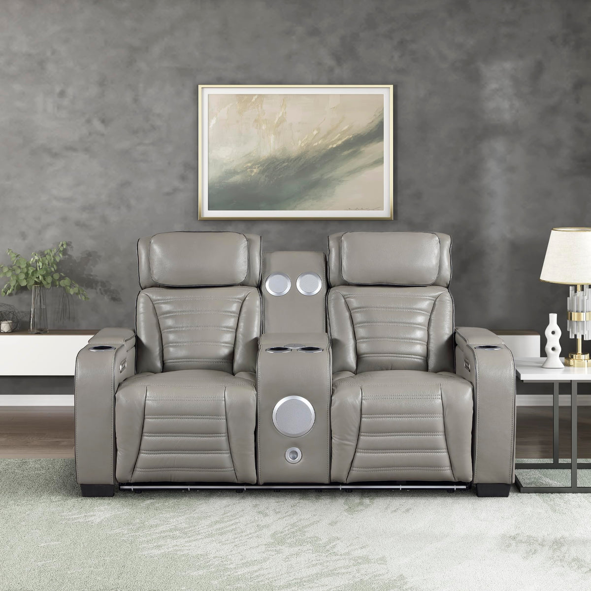 Gray Top Grain Leather Match Double Reclining Loveseat C51806