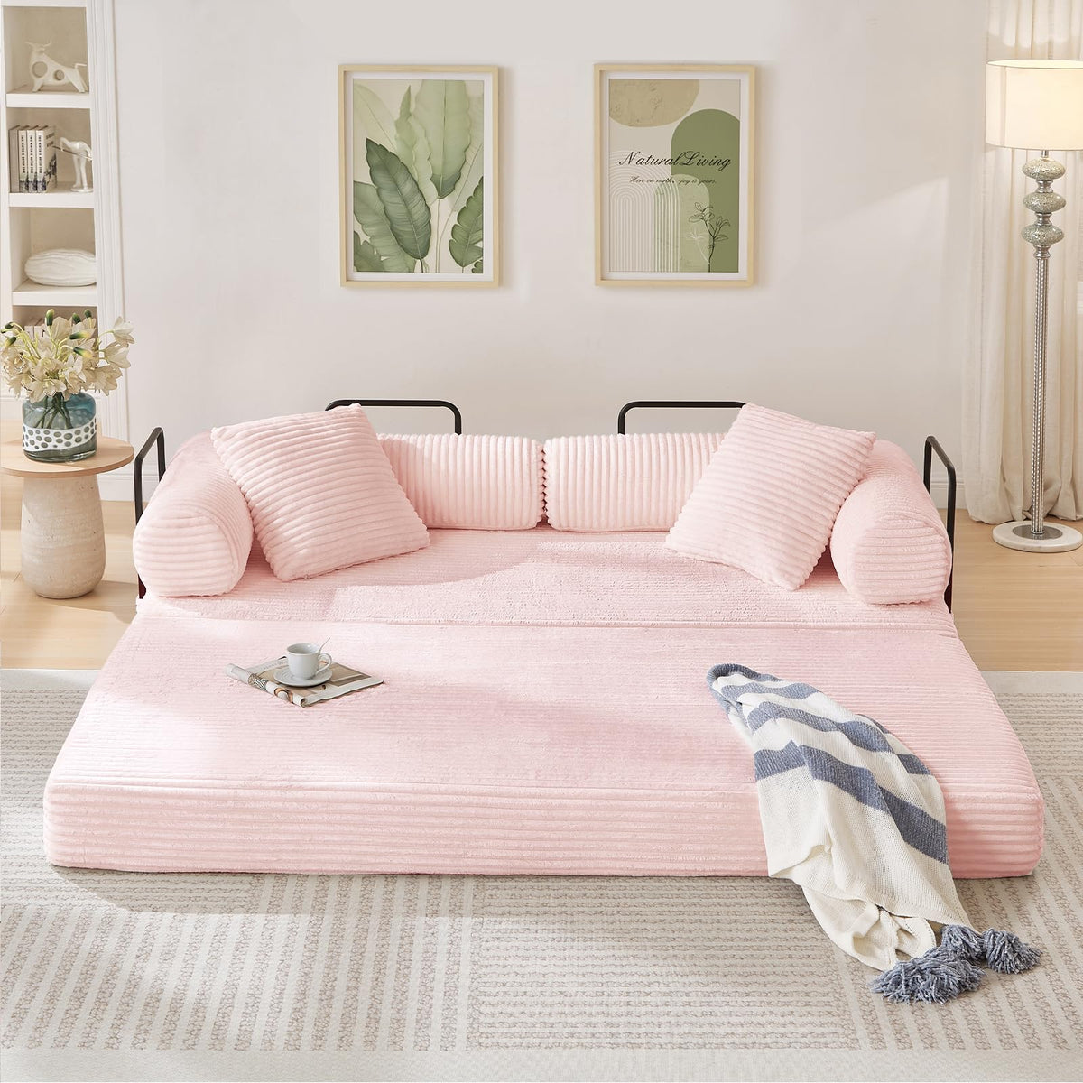 Pink Corduroy Convertible Sleeper Sofa Bed Y32954