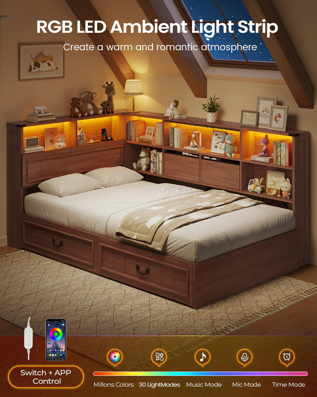 Twin Corner Bed Frame with Storage Drawers and Bookcase H122620