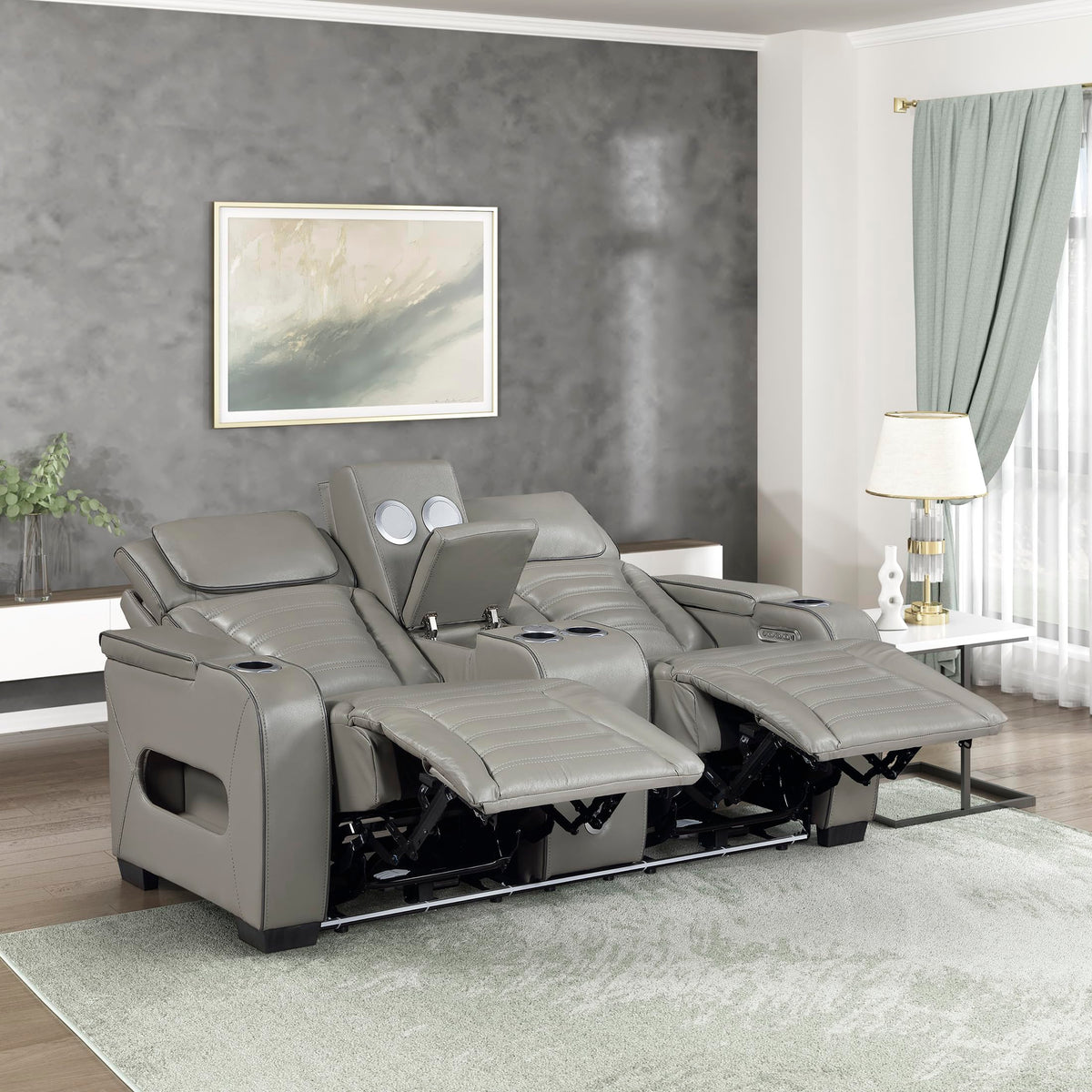Gray Top Grain Leather Match Double Reclining Loveseat C51806