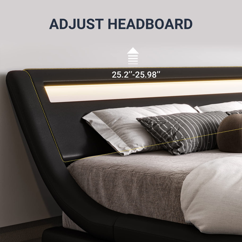Queen Size LED Platform Bed Frame with Adjustable Headboard, Black D854973