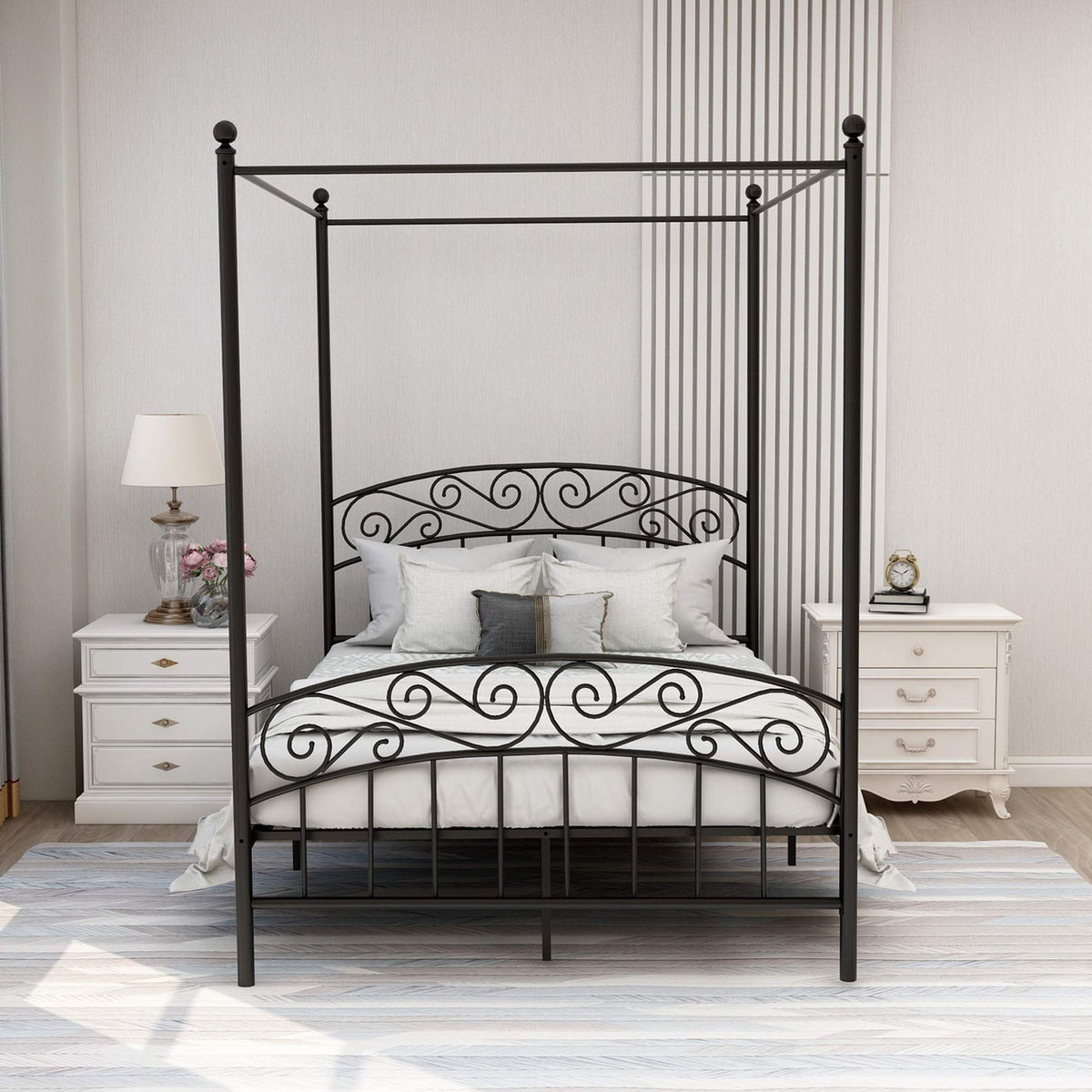 Black Four-Poster Metal Canopy Bed Frame C1681
