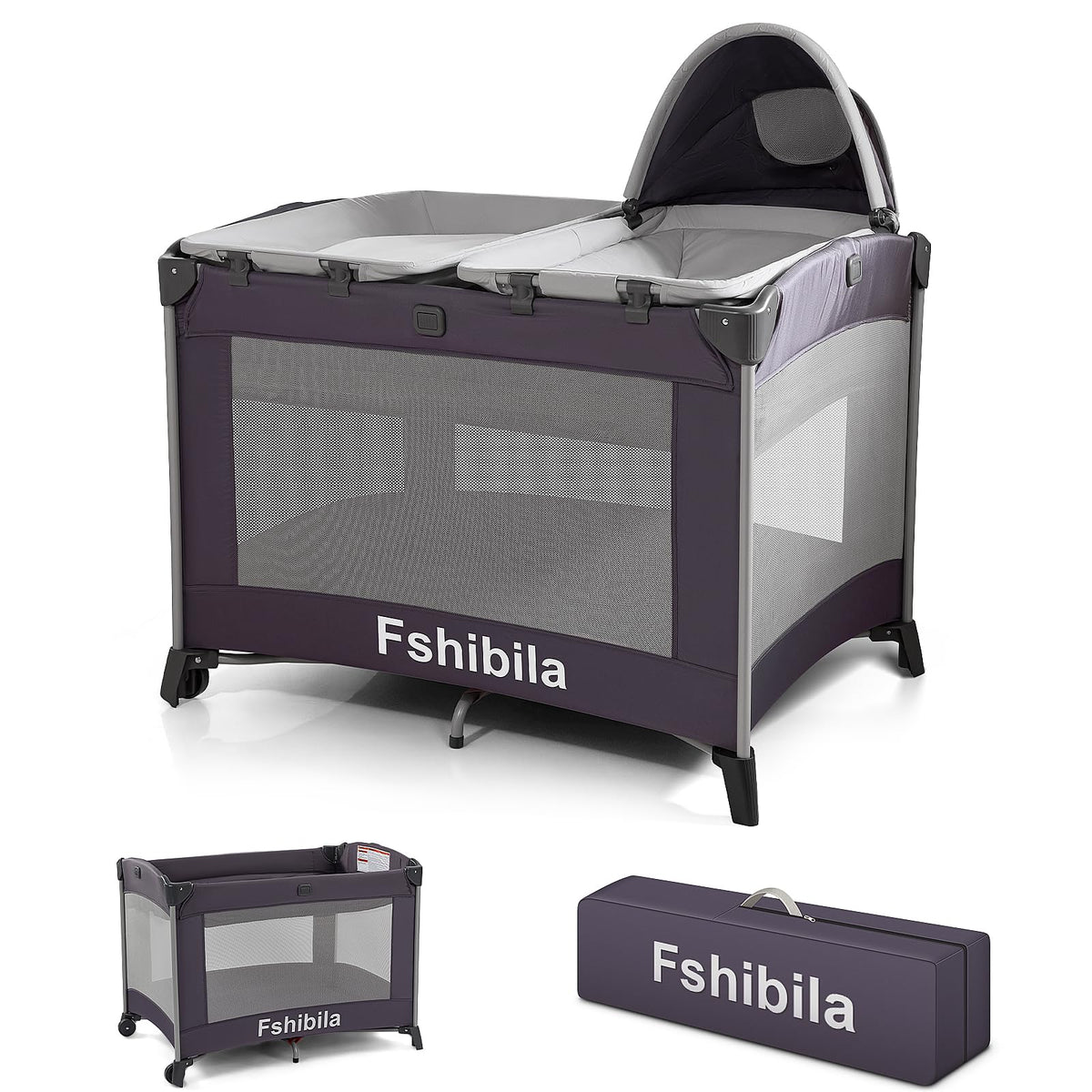4-in-1 Portable Baby Playard with Bassinet and Changing Table, Black Q49614