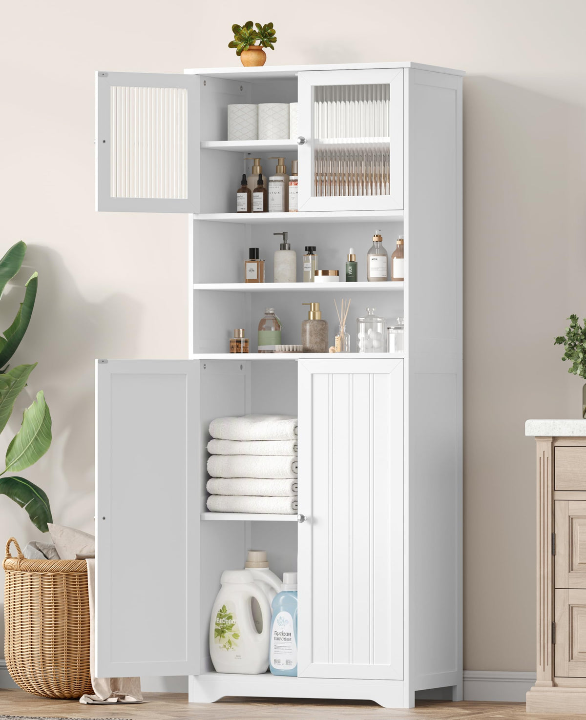 66.9" H Tall White Bathroom Storage Cabinet D7214