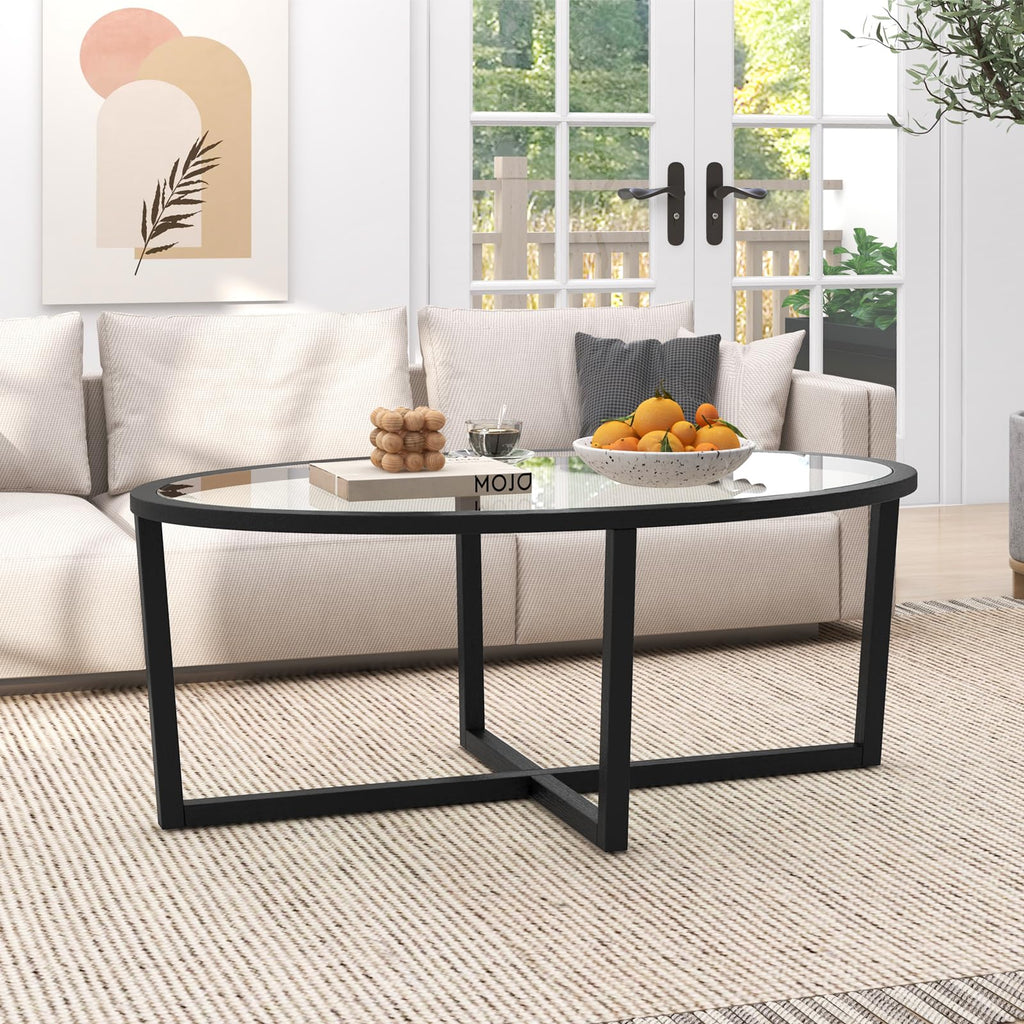 Black Oval Glass Coffee Table with Acacia Wood Legs B59544