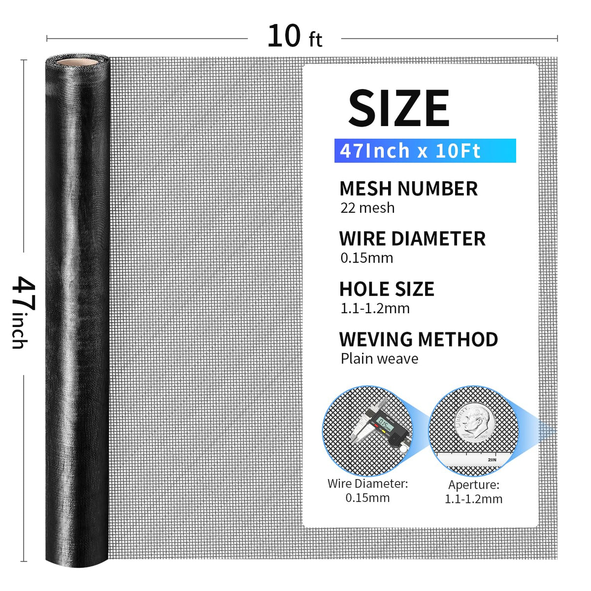 Black 47in x 10ft 22 Mesh 304 Stainless Steel Screen Roll B335