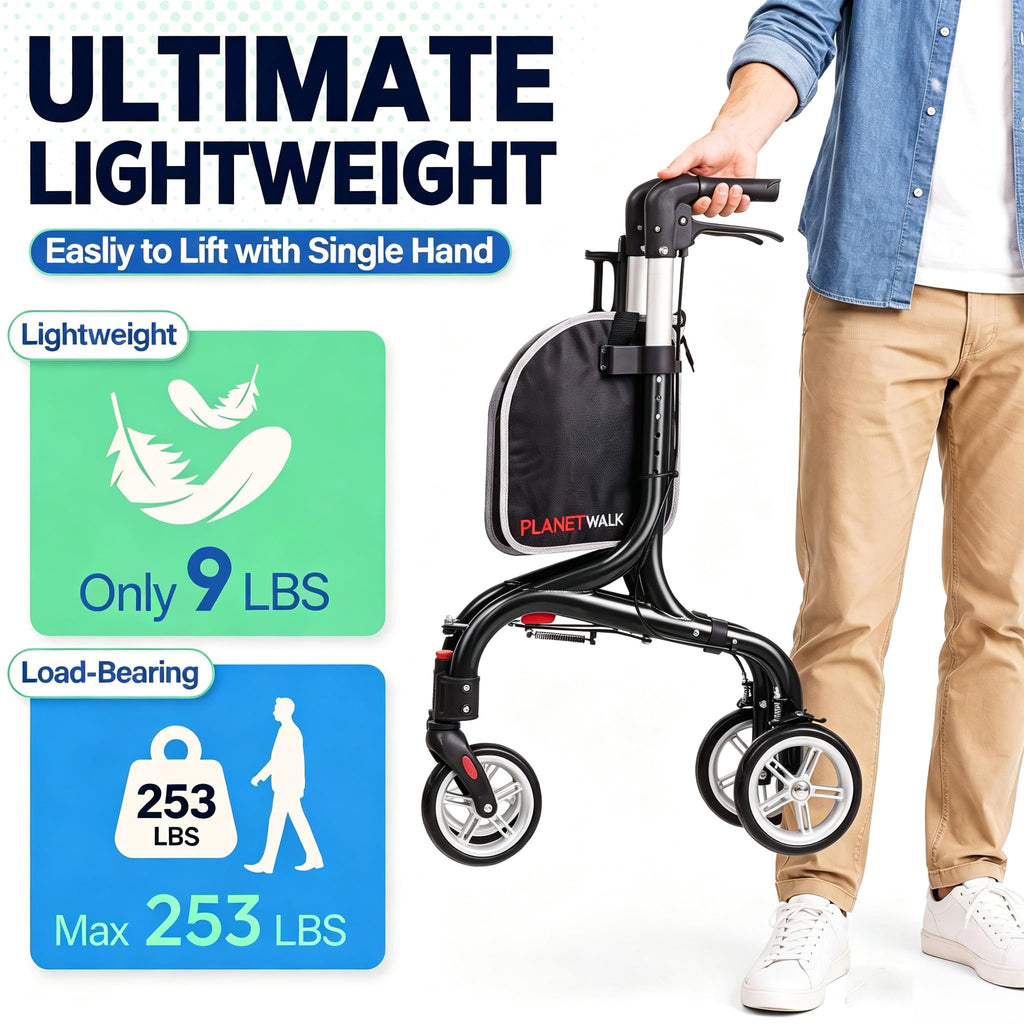 Super Lightweight 3 Wheel Foldable Aluminum Walker with Cup Holder, Black U250257