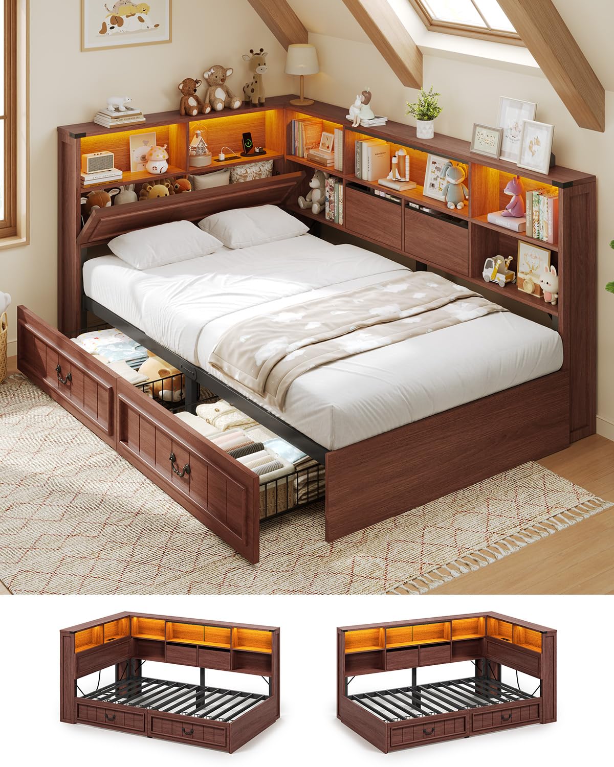 Twin Corner Bed Frame with Storage Drawers and Bookcase H122620