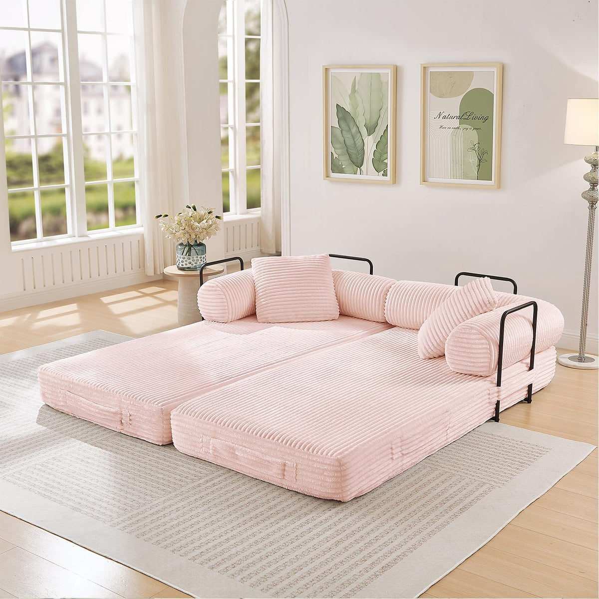 Pink Corduroy Convertible Sleeper Sofa Bed Y32954