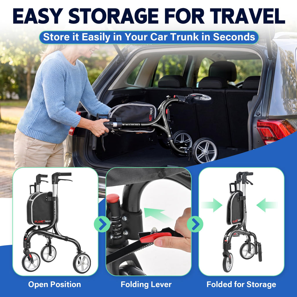 Super Lightweight 3 Wheel Foldable Aluminum Walker with Cup Holder, Black U250257