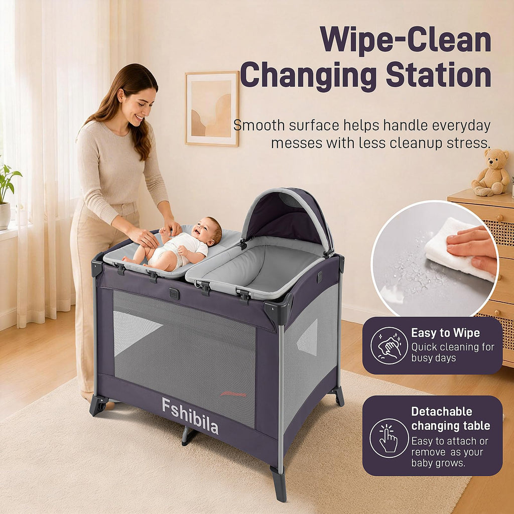 4-in-1 Portable Baby Playard with Bassinet and Changing Table, Black Q49614
