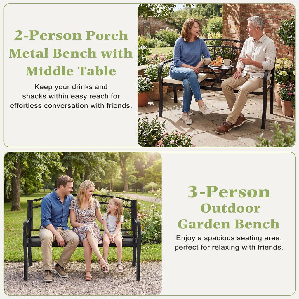 Black 2-Seat Metal Garden Bench with Cushion F82919