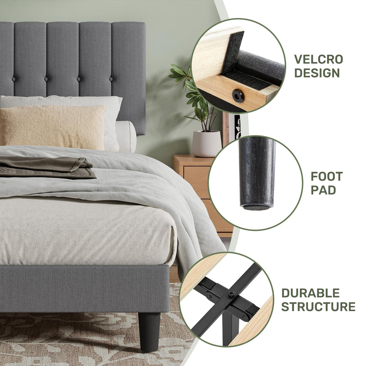Twin Upholstered Platform Bed Frame with Headboard, Grey Z4587