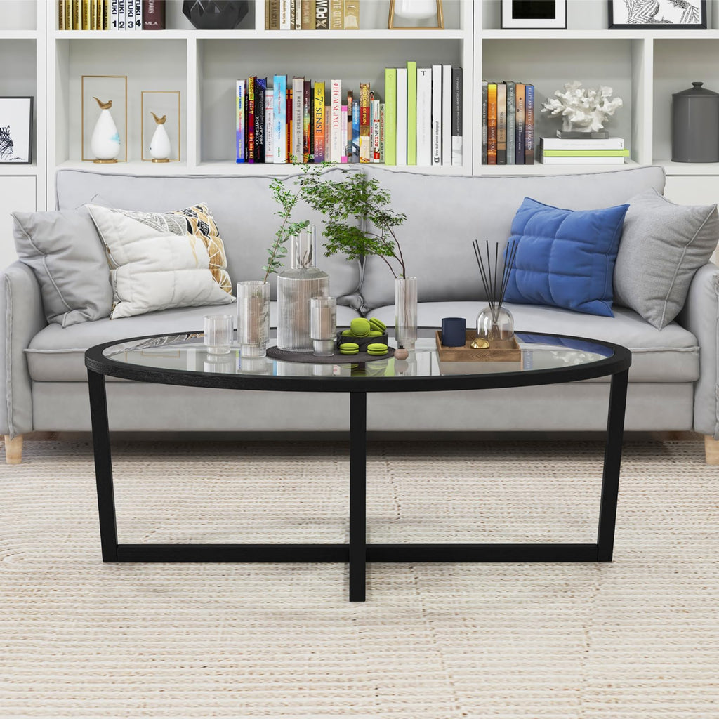 Black Oval Glass Coffee Table with Acacia Wood Legs B59544