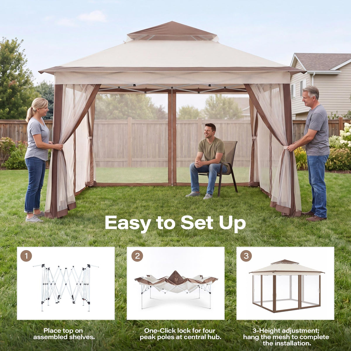 12x12 Pop Up Gazebo Canopy Tent with Mosquito Netting, Khaki G87825