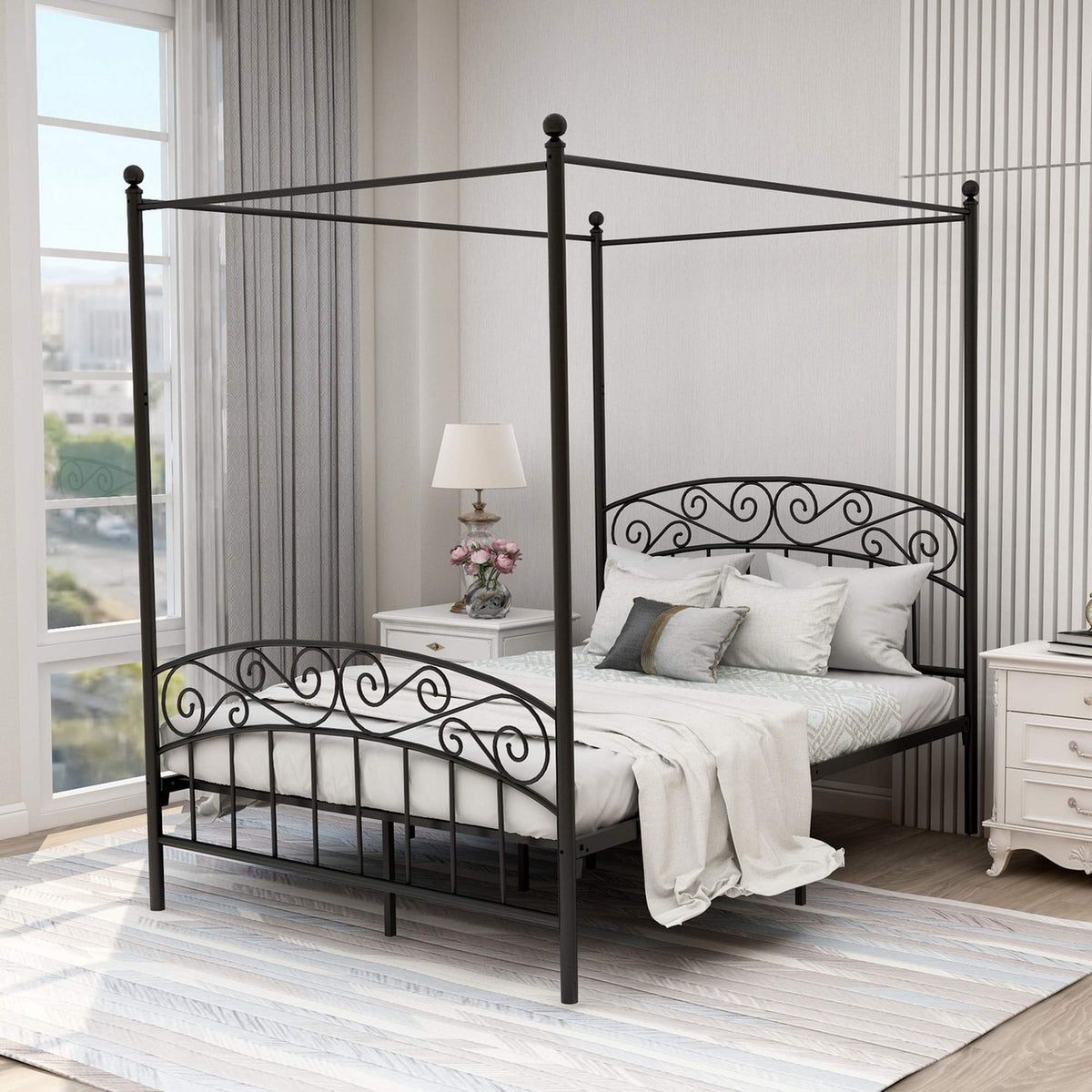Black Four-Poster Metal Canopy Bed Frame C1681
