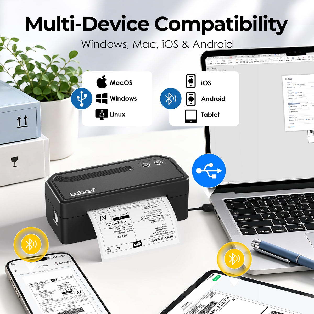 Bluetooth Thermal Shipping Label Printer Black I7855