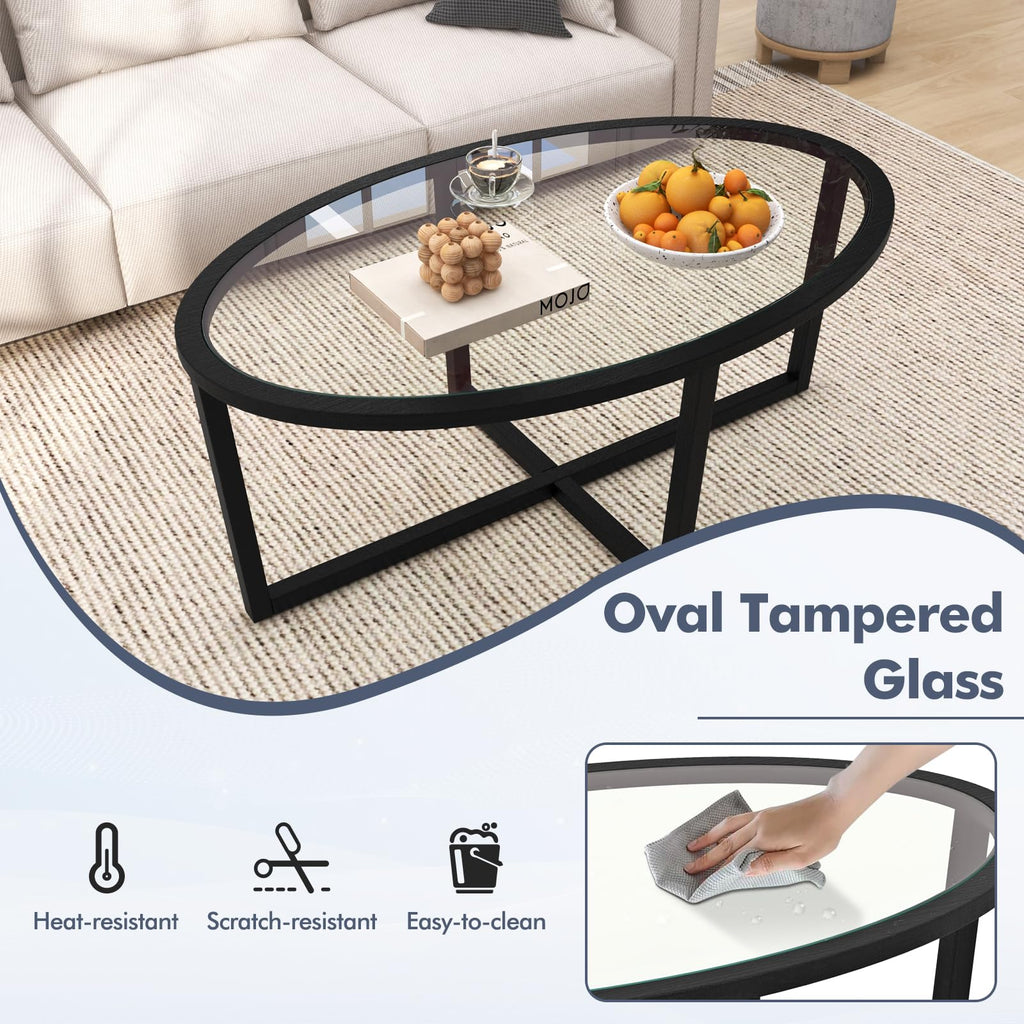 Black Oval Glass Coffee Table with Acacia Wood Legs B59544