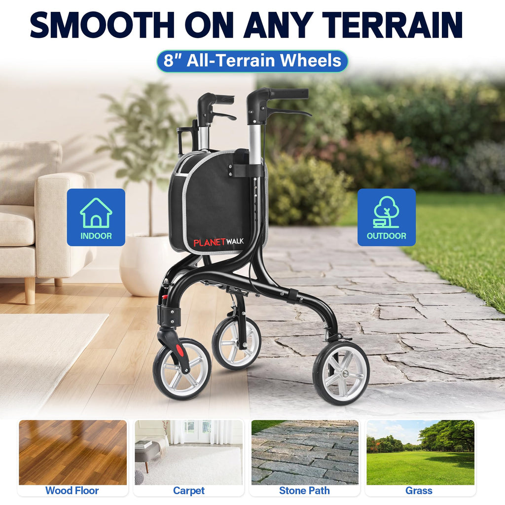 Super Lightweight 3 Wheel Foldable Aluminum Walker with Cup Holder, Black U250257
