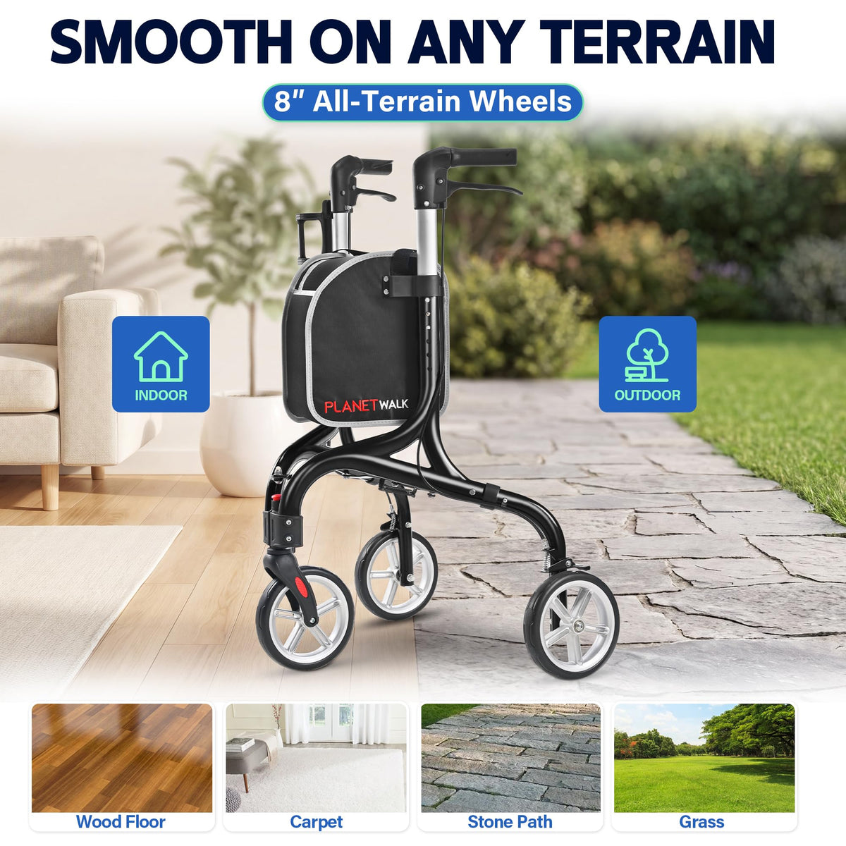 Super Lightweight 3 Wheel Foldable Aluminum Walker with Cup Holder, Black U250257