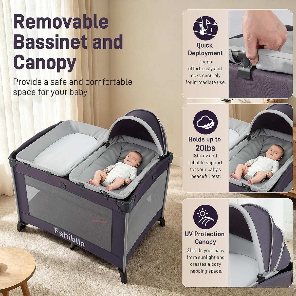 4-in-1 Portable Baby Playard with Bassinet and Changing Table, Black Q49614